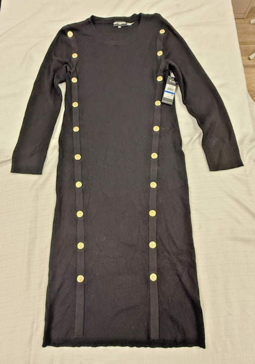 Karl Lagerfeld Dresses & Skirts - NWT Karl Lagerfeld Paris XL Black Ribbed Sweater Dress Gold Button Trim Midi